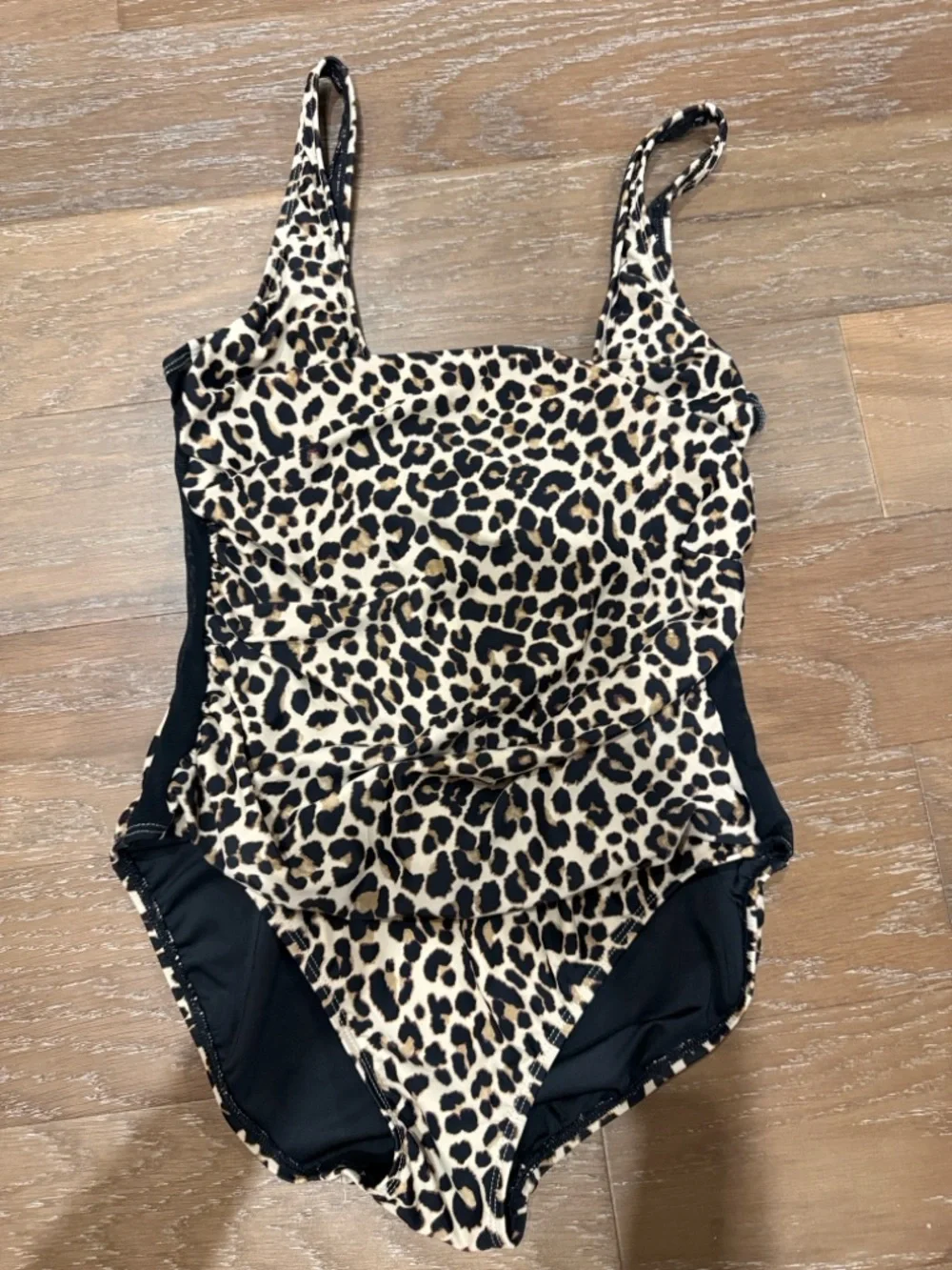 DKNY Leopard Print One-Piece Lined Swimsuit - Tan & Black Mesh Sides - Picture 3 of 8